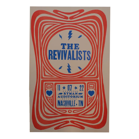 Concert poster for The Revivalists featuring red concentric shapes and blue text.