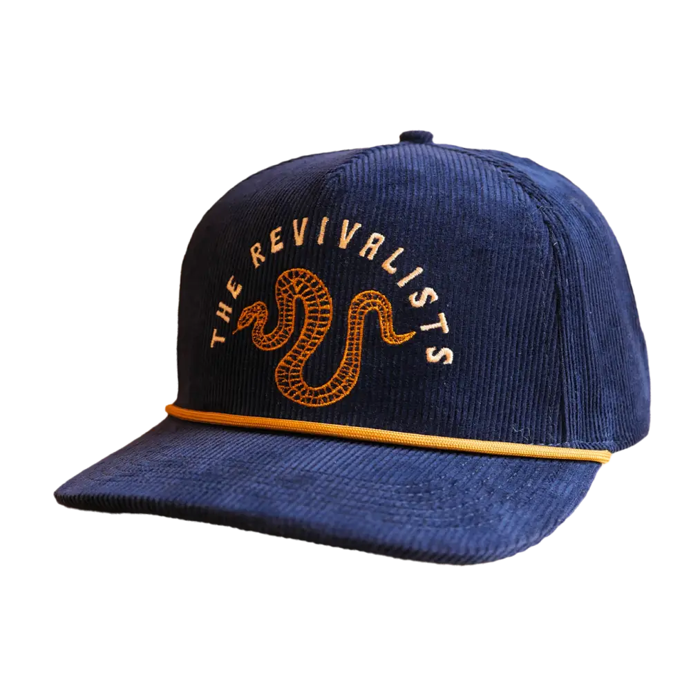 Navy blue corduroy snake hat with embroidered orange snake, the revivalists text, and matching orange brim trim
