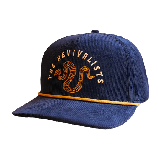 Navy blue corduroy snake hat with embroidered orange snake, the revivalists text, and matching orange brim trim