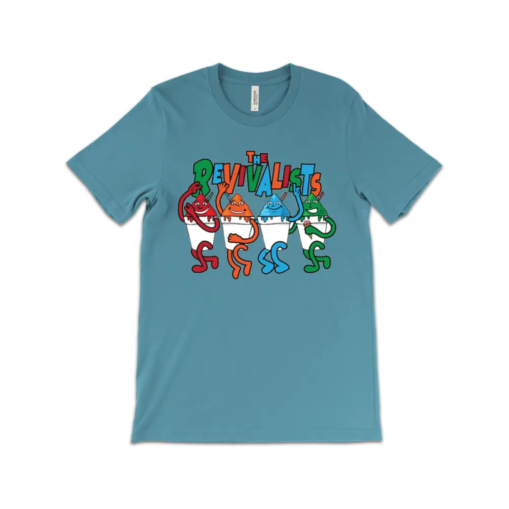 Teal t-shirt featuring colorful cartoon characters spelling out ’EVALUATE’ in a playful style.