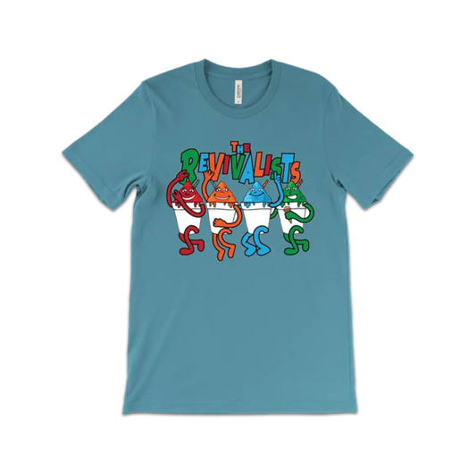 Teal t-shirt featuring colorful cartoon characters spelling out ’EVALUATE’ in a playful style.