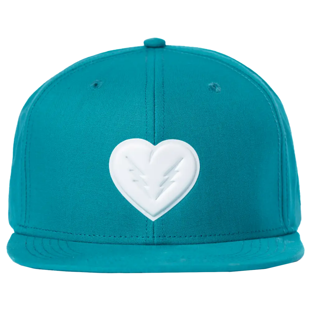 Teal baseball cap with a white heart logo on the front.