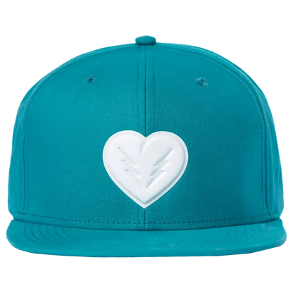 Teal baseball cap with a white heart logo on the front.