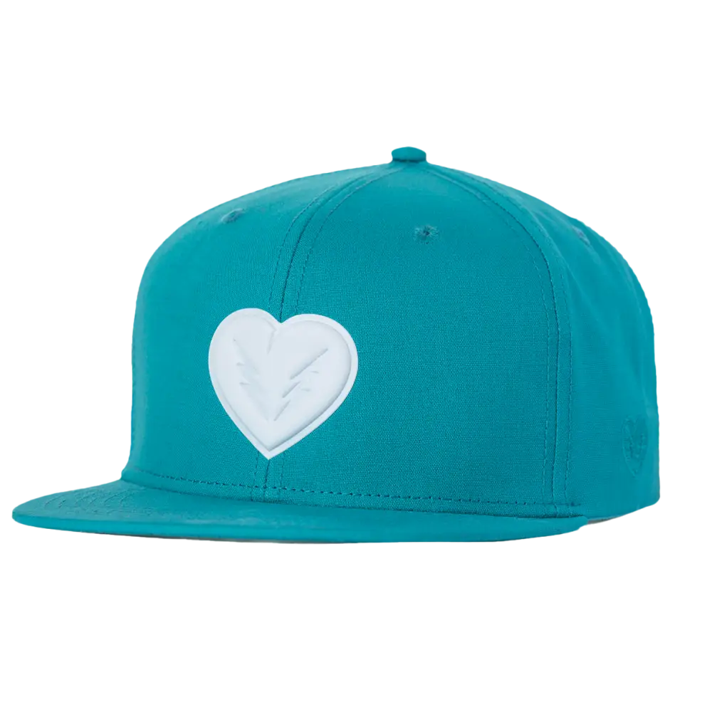 Teal snapback cap with a white heart logo on the front.