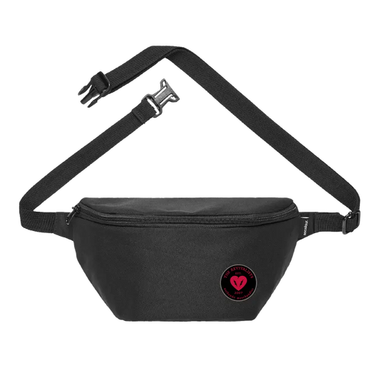 Black fanny pack with an adjustable strap and a small heart logo.