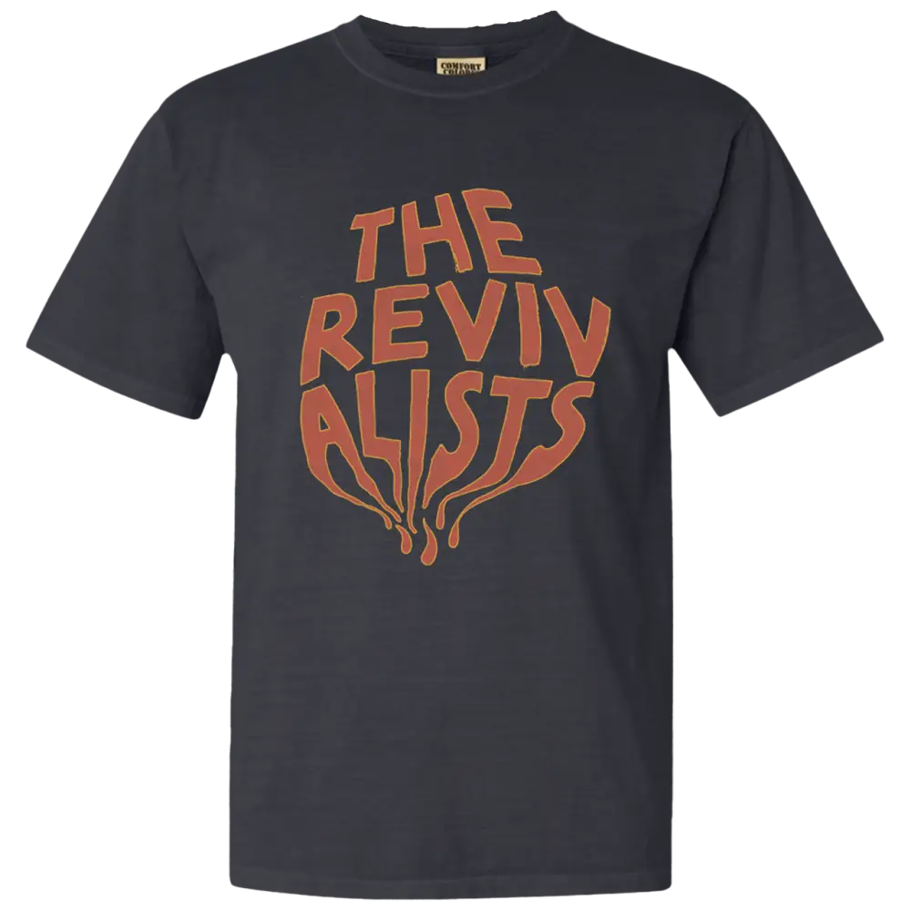 Dark gray t-shirt with ’THE REVIVALISTS’ printed in orange lettering in a psychedelic, wavy style.