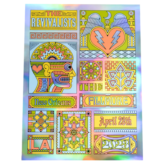 Colorful concert poster for The Revivalists featuring psychedelic art and geometric designs.