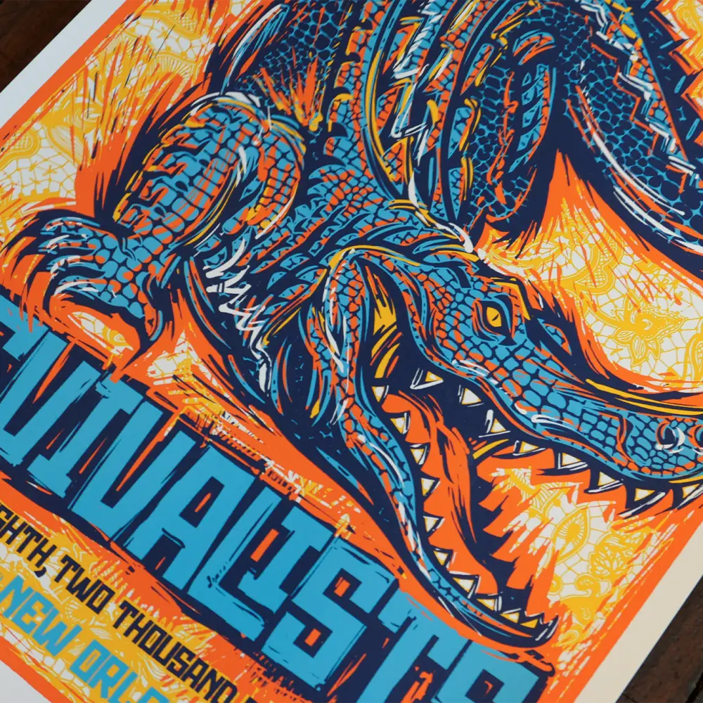 Stylized, fierce dinosaur with blue scales and orange highlights roaring aggressively.