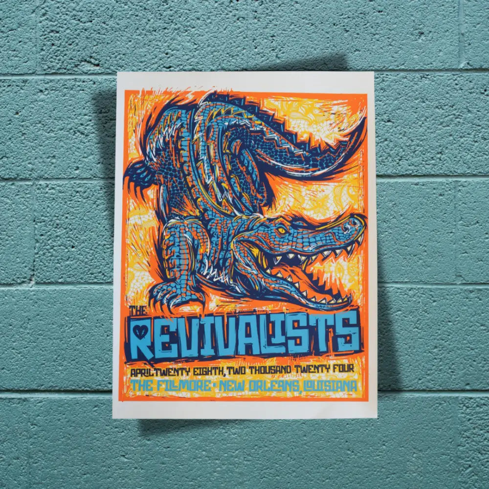 Colorful concert poster featuring a stylized alligator or crocodile design for a band called ’Revivalists.’