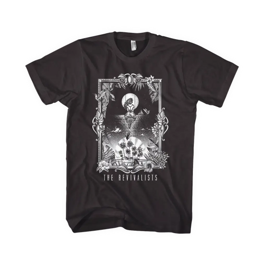 Black t-shirt featuring a gothic-style illustration with skeletal figures and ornate framing.