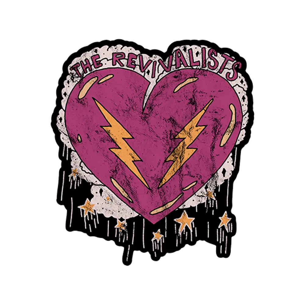 Distressed purple heart with lightning bolts and ’The Revivalists’ text.