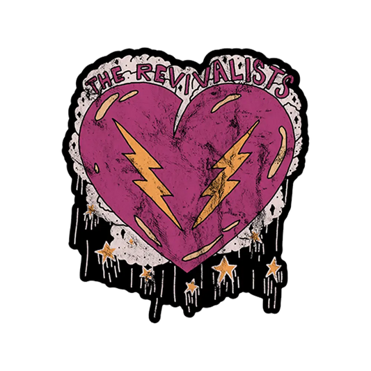 Distressed purple heart with lightning bolts and ’The Revivalists’ text.