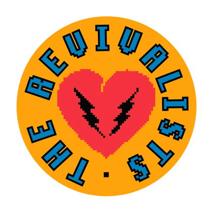 Circular logo featuring a pixelated red heart with lightning bolts on an orange background, surrounded by blue text.