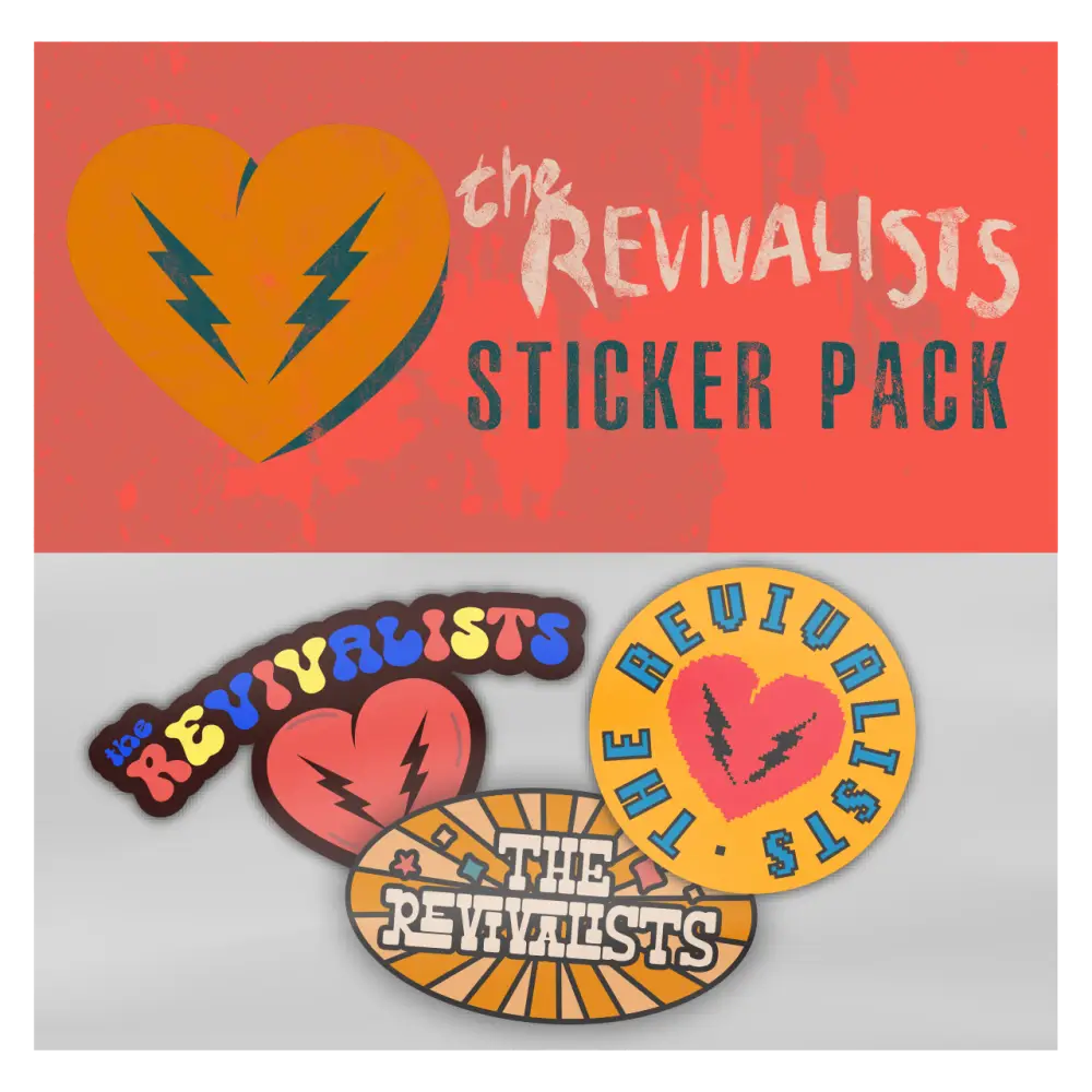 Sticker pack featuring colorful designs with lightning bolts and the text ’The Revivalists’.