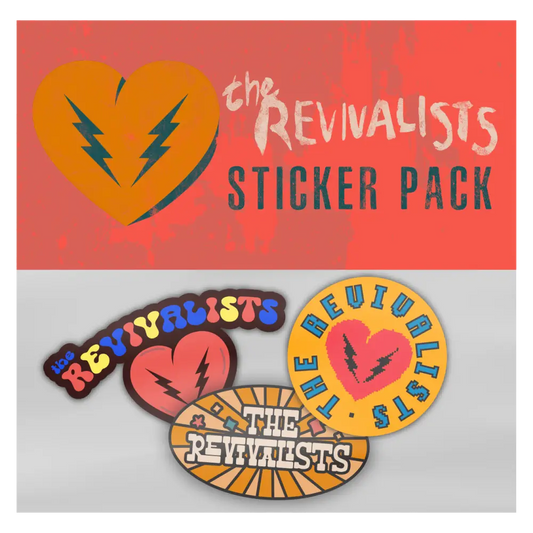 Sticker pack featuring colorful designs with lightning bolts and the text ’The Revivalists’.