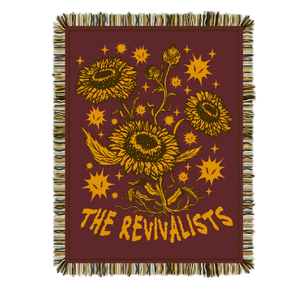 Maroon woven blanket with gold sunflower and star design and fringed edges revivalists woven blanket