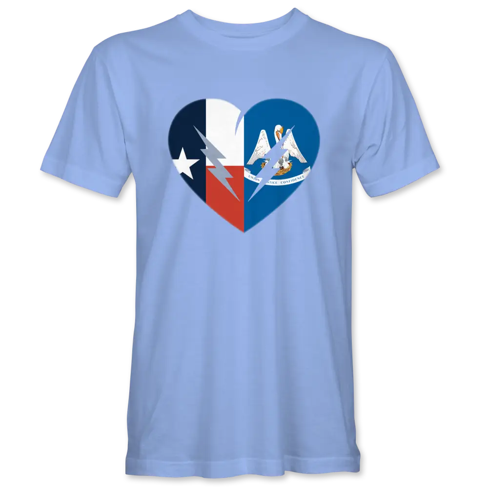 Light blue t-shirt featuring a heart-shaped design combining the Texas and Louisiana state flags.