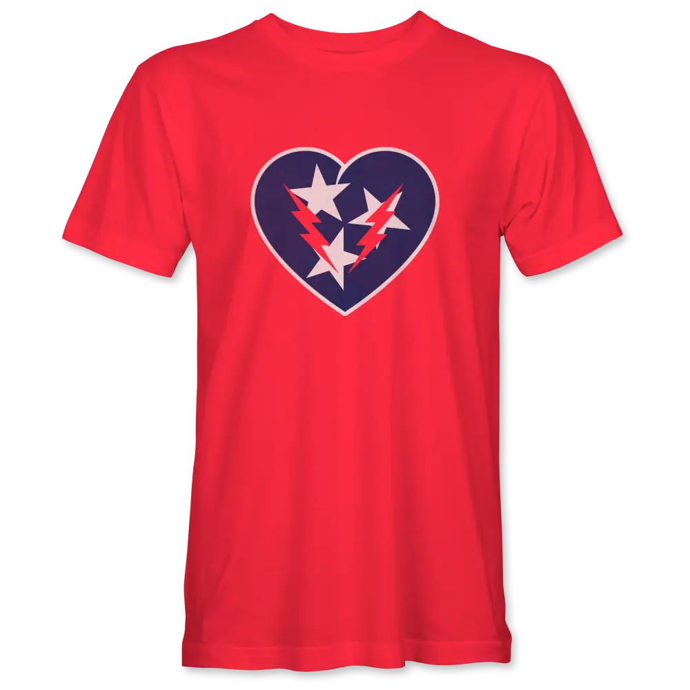 Red t-shirt featuring a heart-shaped design with stars inside.