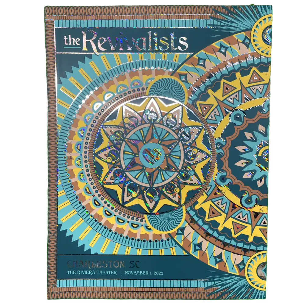 Colorful concert poster featuring an intricate mandala-like design with geometric patterns in blue, yellow, and orange tones.