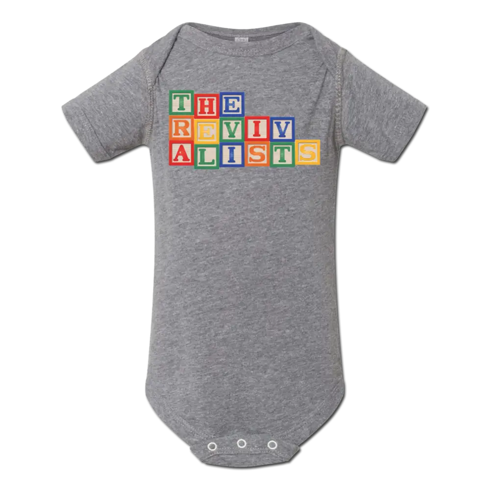 Gray baby onesie with colorful alphabet blocks spelling ’THE RIVALISTS’ on the front.