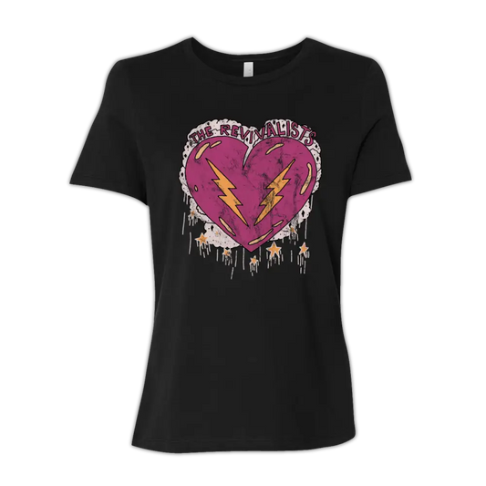 Black t-shirt featuring a pink heart design with lightning bolts.