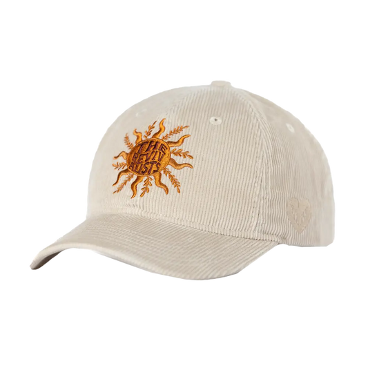 Beige corduroy baseball cap with an embroidered orange sun design.